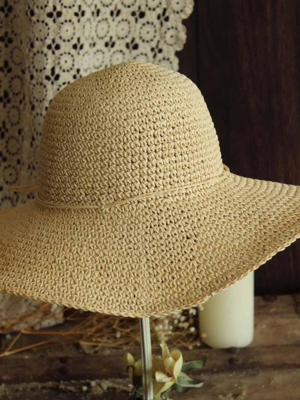 Vintage 2000s Hat, Y2K Paper Straw Wide Brimmed Sunhat, Millinery - Picture 2 of 12